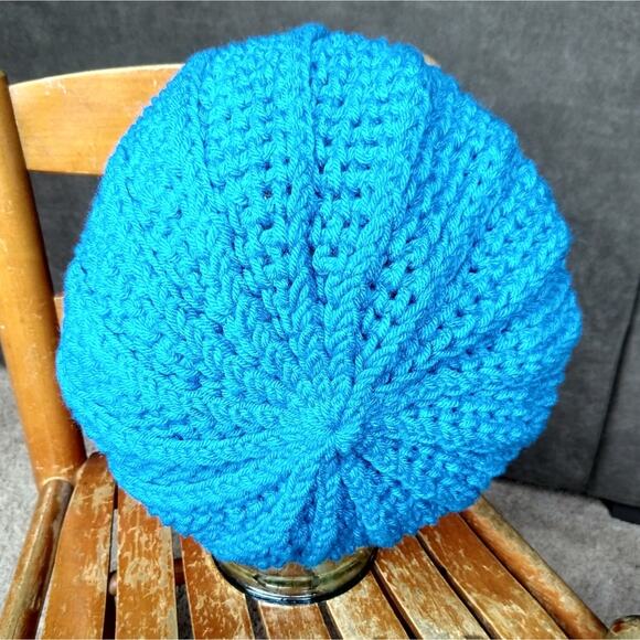 Pool Blue Slouchy with a Brim white band handmade crochet OSFM ready to ship main image 5